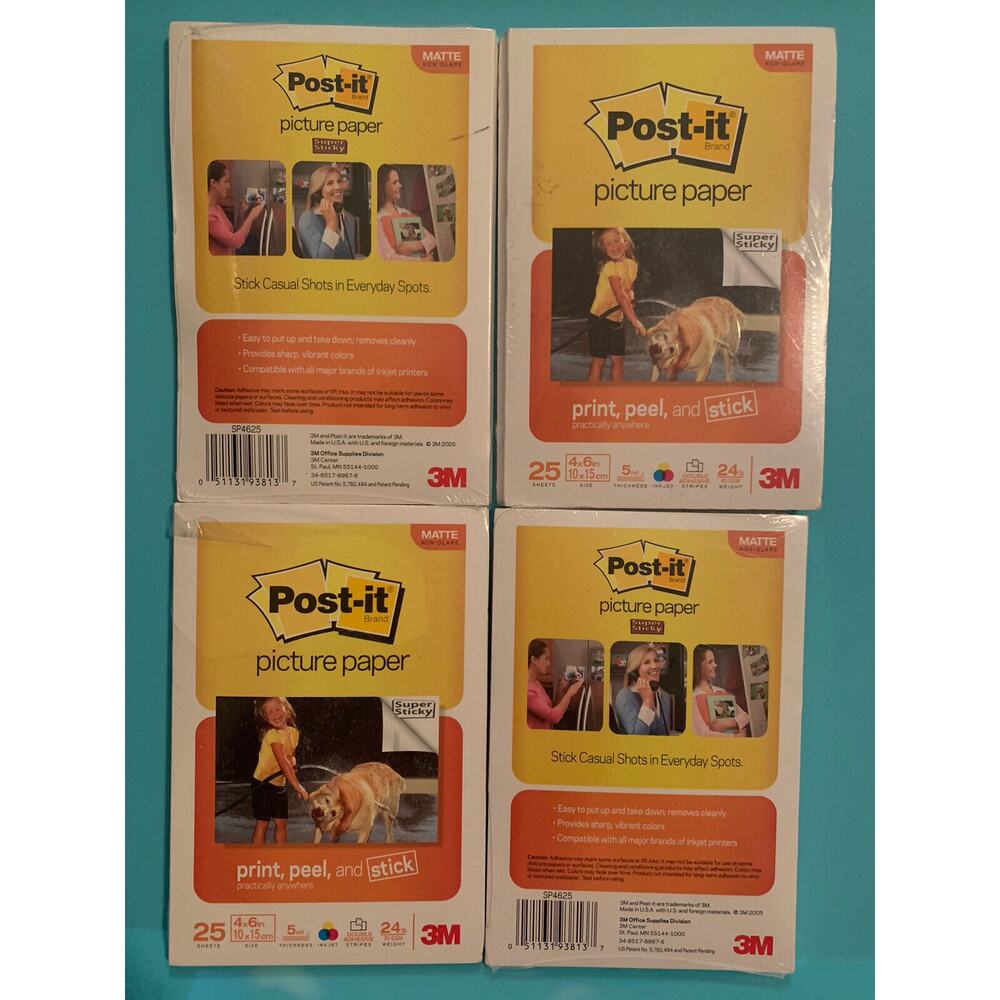LOT OF 4 Post it 25 4x6” Matte Printer Paper Sheets Peel Stick Double Adhesive